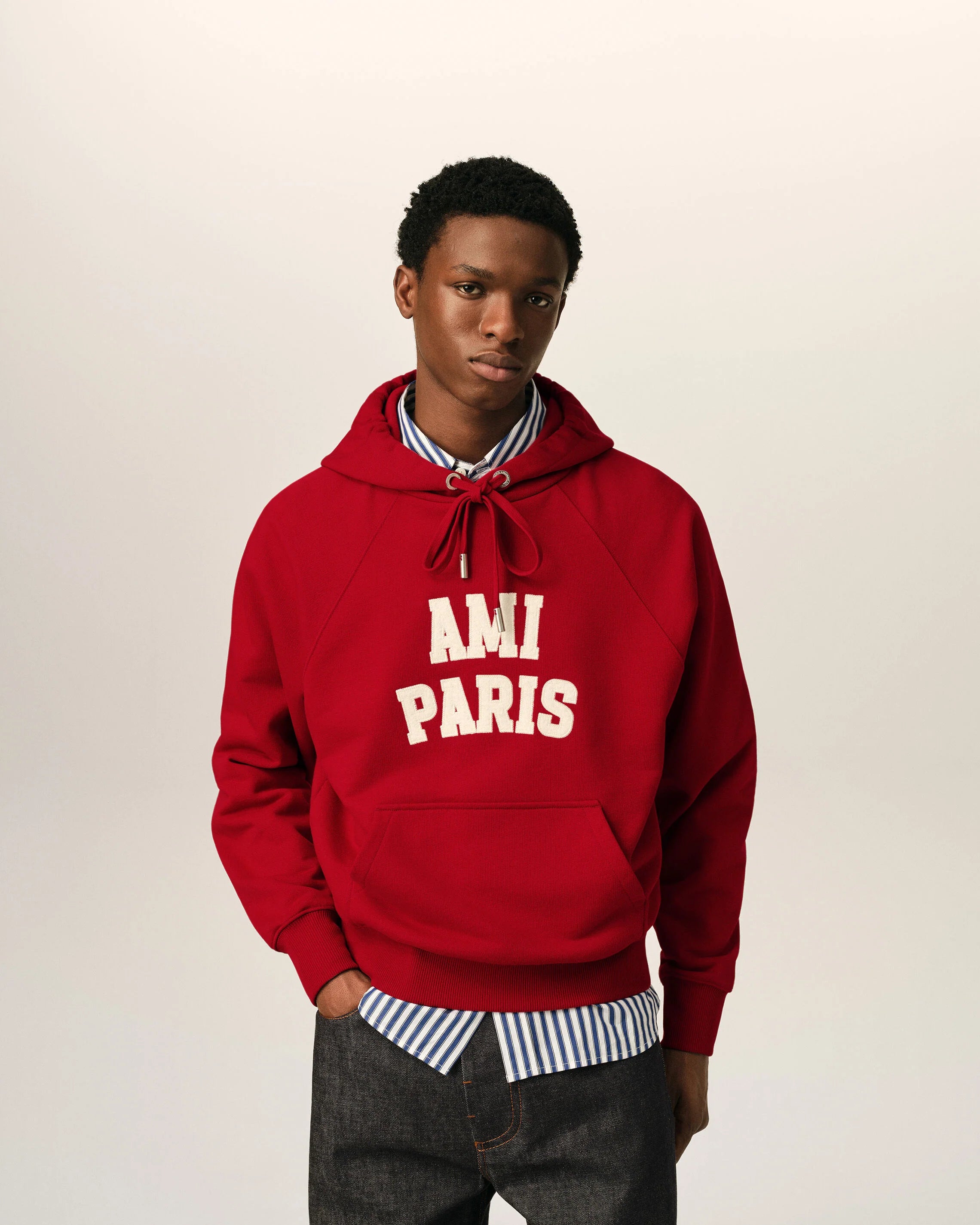 Red Cotton Hoodie With Ami Paris Embroidery