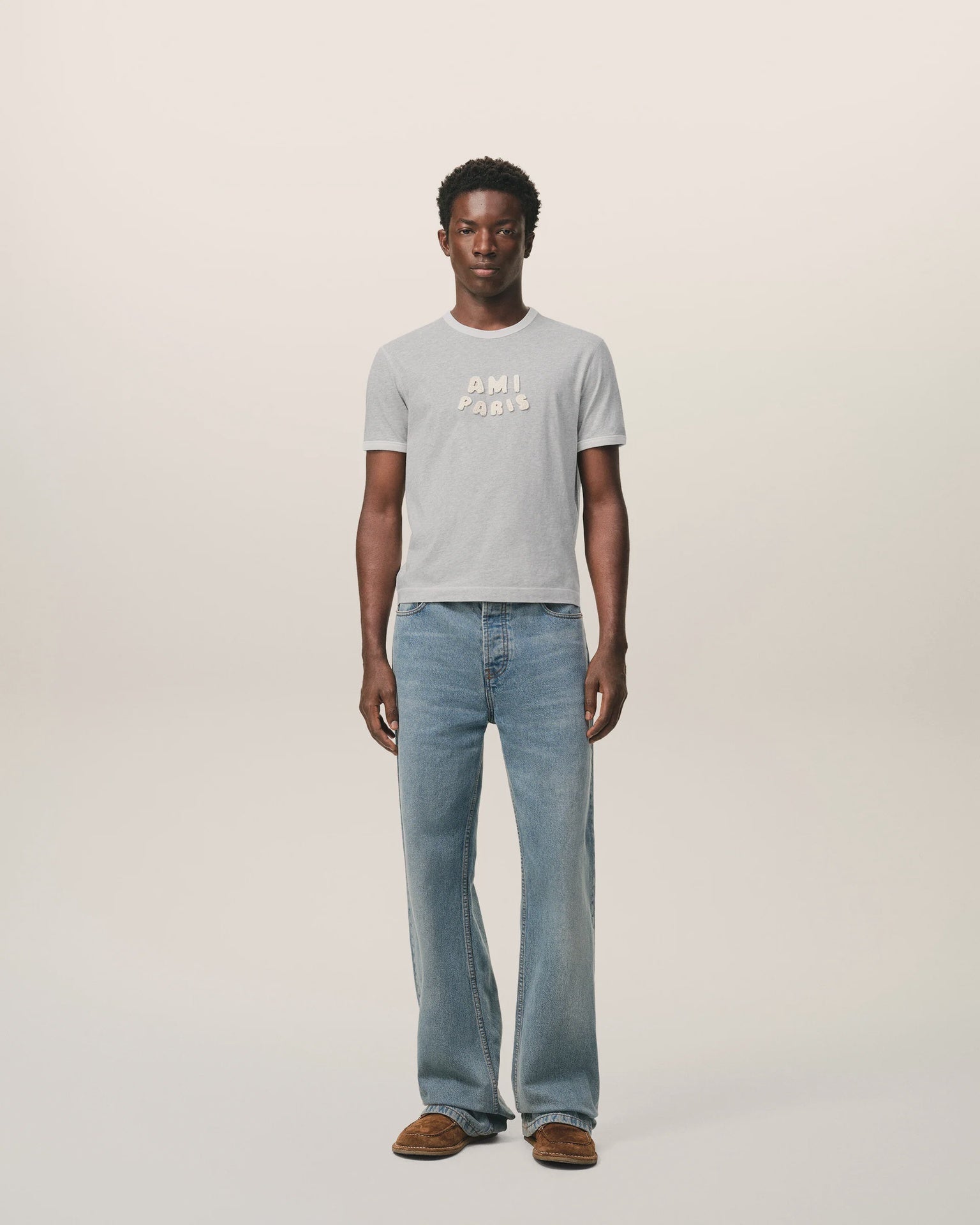 AMI PARIS KNITTED PATCH T SHIRT GRY